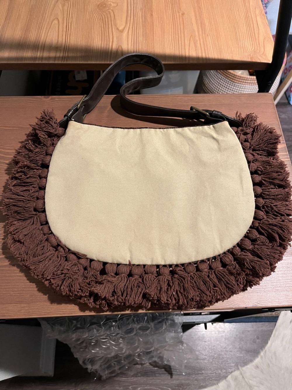 Vintage EXPRESS Boho Fringe Embellished Shoulder Bag - Brown & Cream - Picture 3 of 5